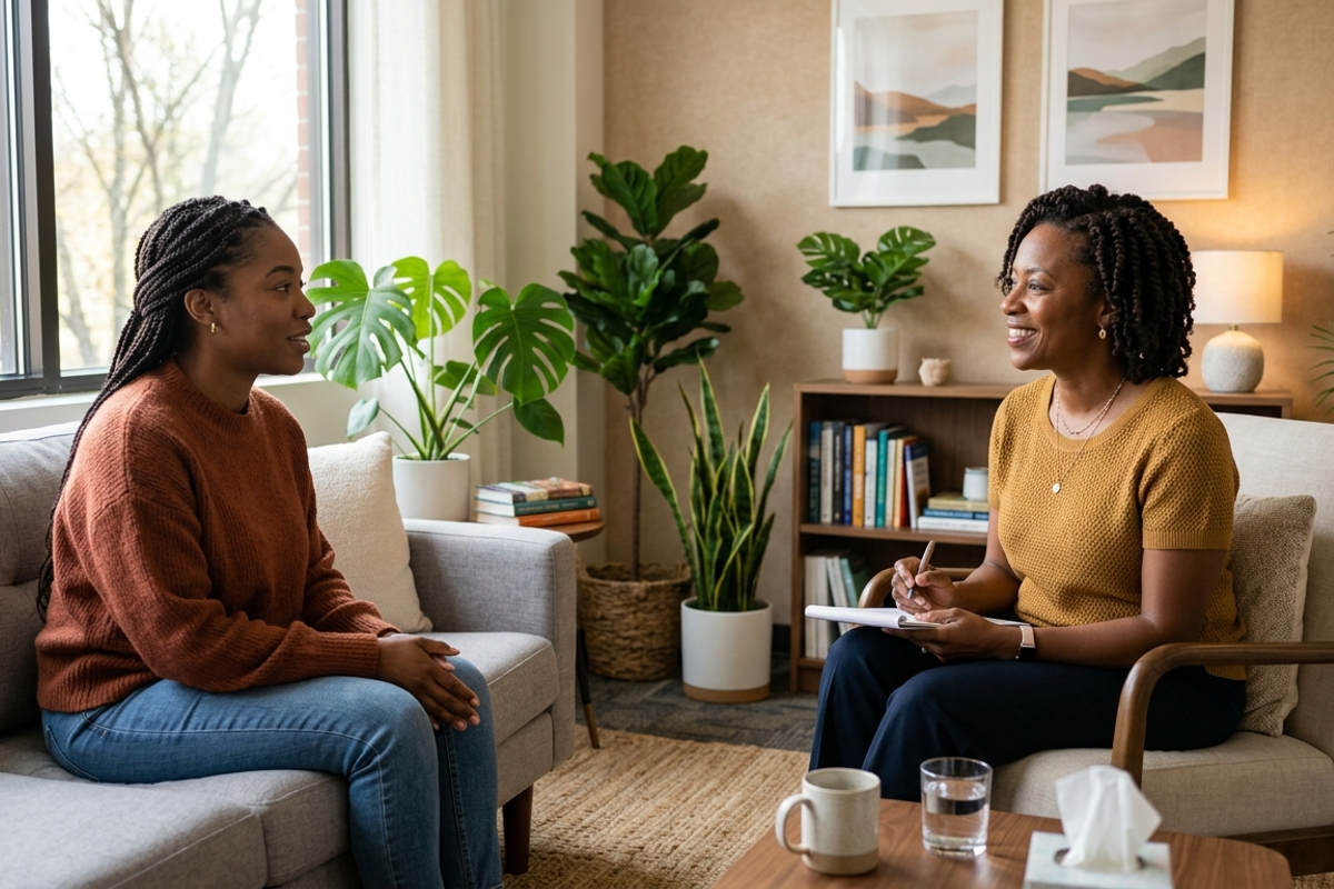 A supportive consultation session between an African American therapist and an African American patient in a bright, cozy office with plants and warm lighting