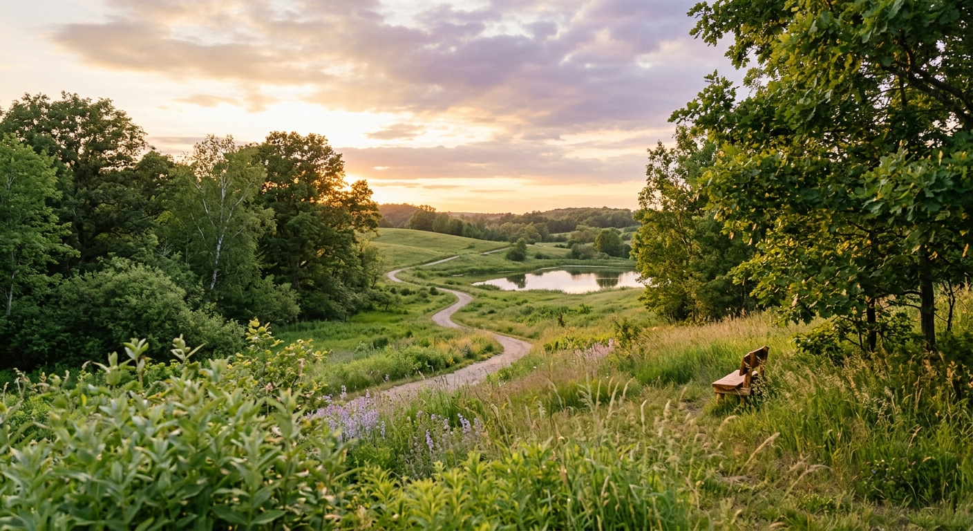 A peaceful landscape at sunset with a winding path through green meadows leading to a quiet pond, evoking calm and reflection