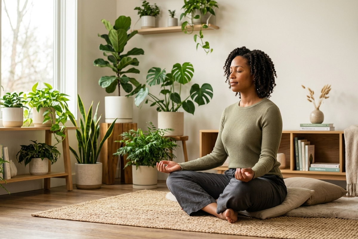 An African American woman sitting in a peaceful meditation pose with closed eyes in a bright, minimalist room filled with indoor plants.