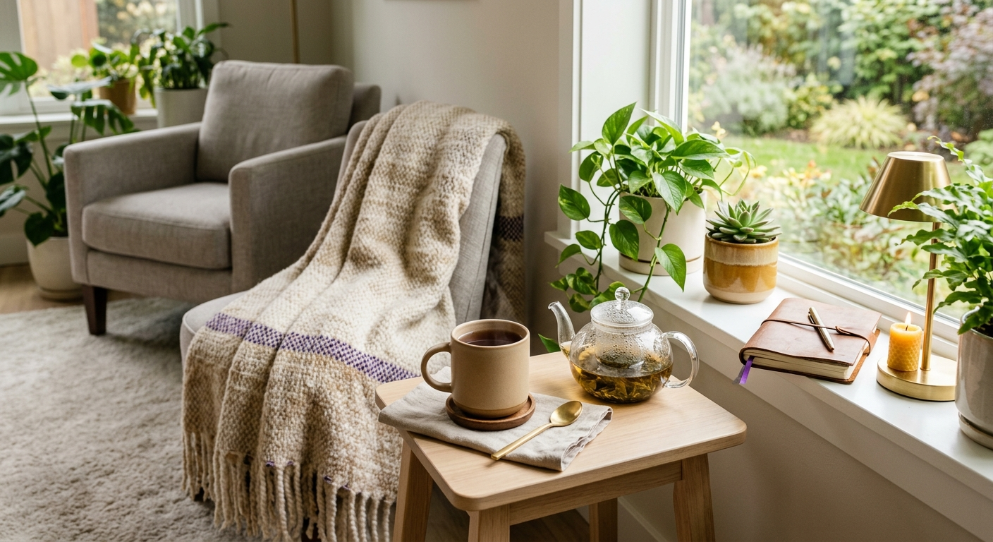 A cozy indoor sanctuary with a grey armchair draped in a warm blanket, a cup of tea on a wooden table, and sunlight streaming through a window lined with green plants.