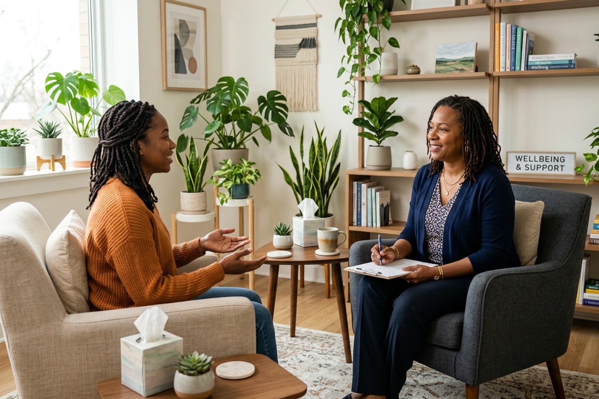 An African American therapist and an African American client sitting in comfortable chairs in a bright, plant-filled office, engaged in a supportive conversation.