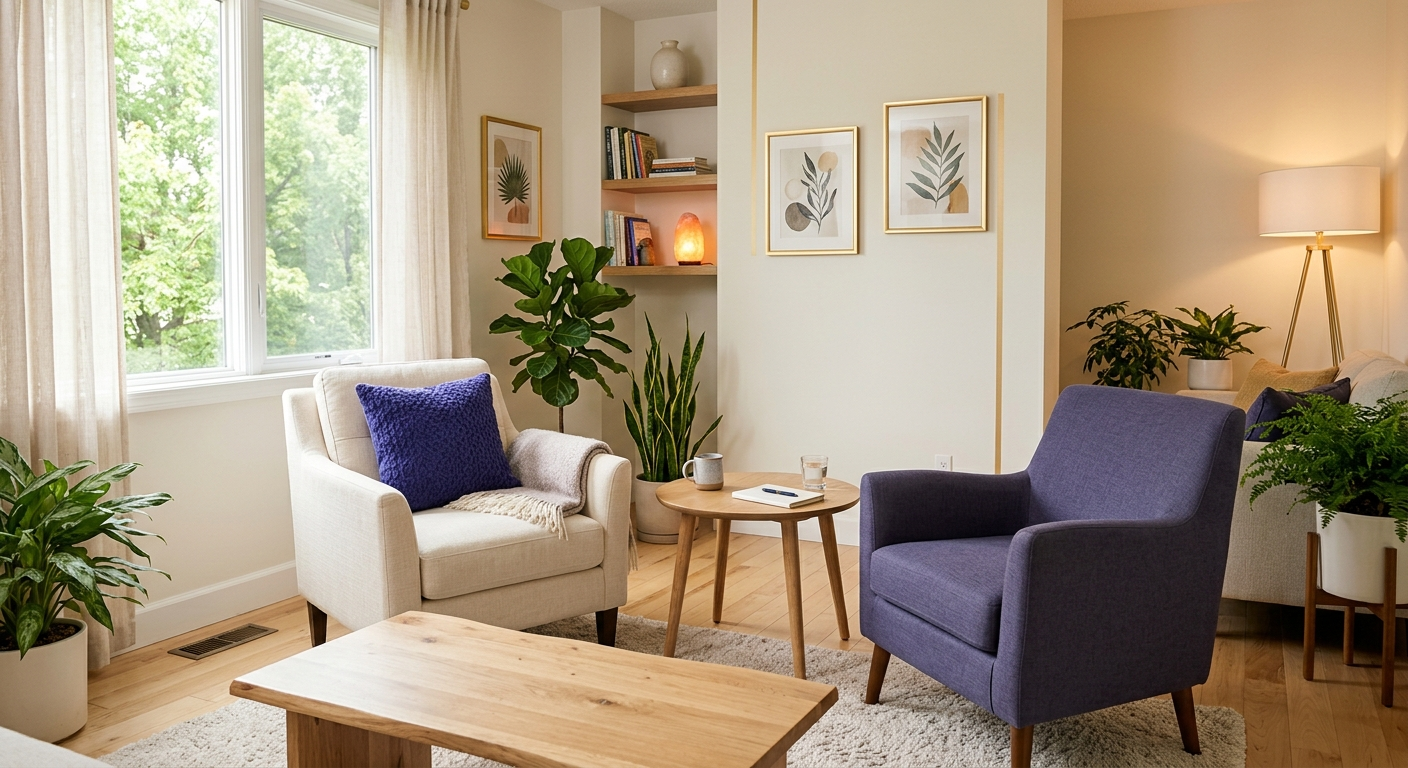 A cozy and calming therapy room with a cream armchair, a blue armchair, light wooden furniture, and lush green indoor plants bathed in soft natural light