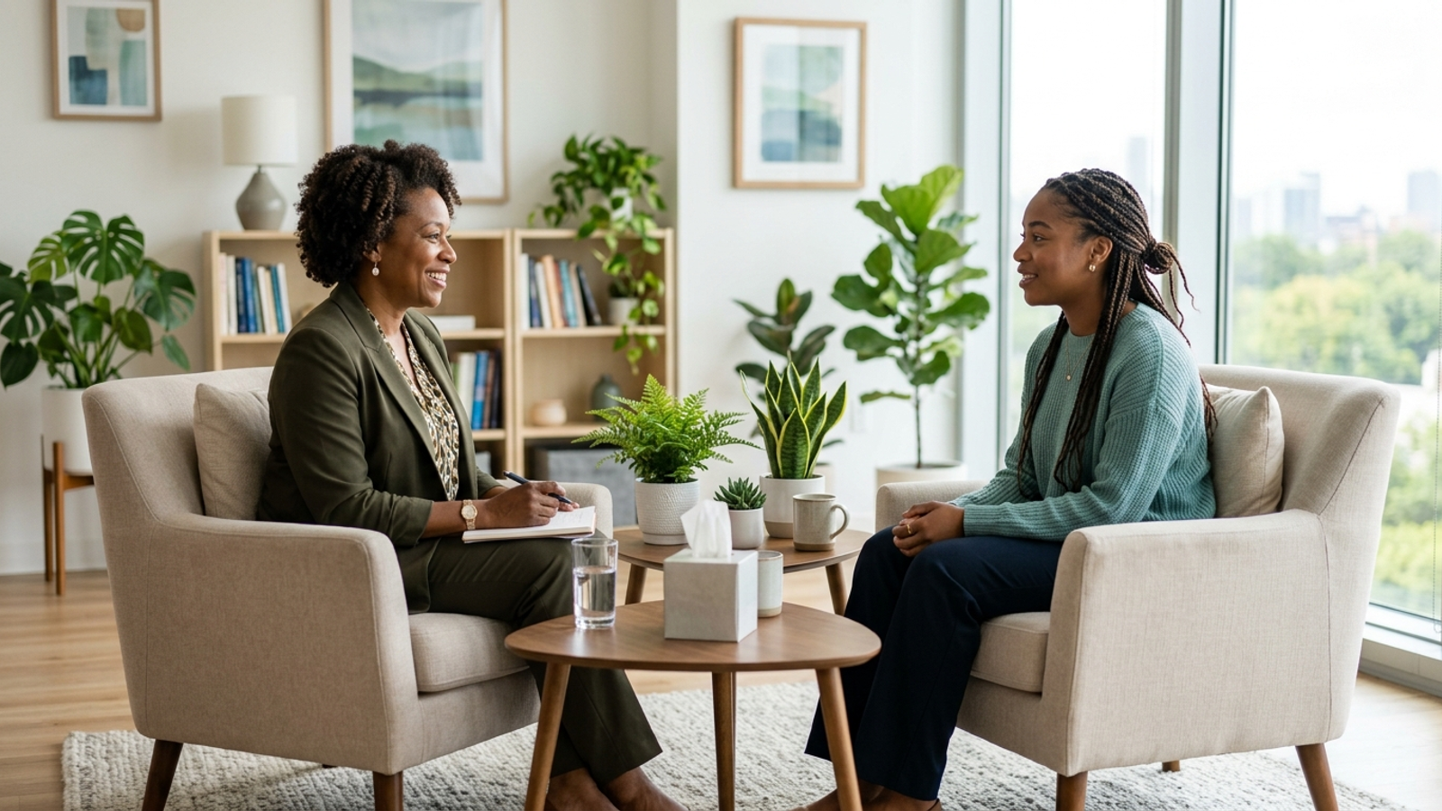 An African American therapist and an African American client engaged in a supportive conversation in a bright, modern office with calming decor and plants
