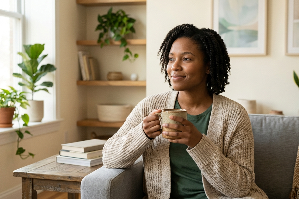 A calm African American client holding a warm mug in a bright, cozy living room with plants, conveying the peace and comfort of beginning a healing journey