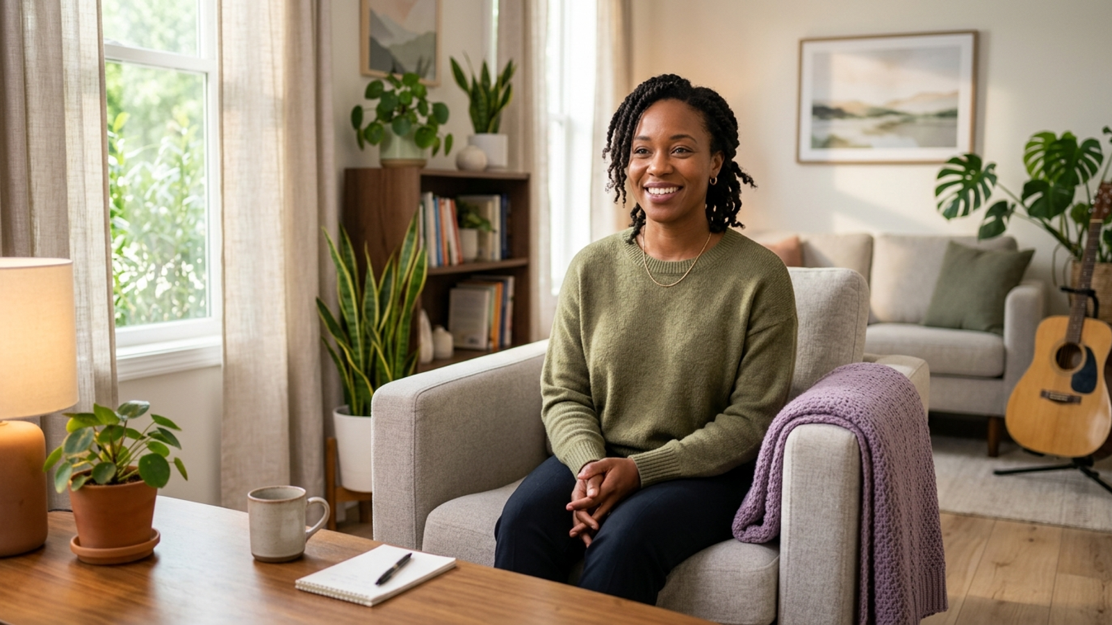 A smiling African American client seated in a warm, sunlit therapy room with houseplants and a soft purple throw, reflecting the calm and supportive care our practice provides